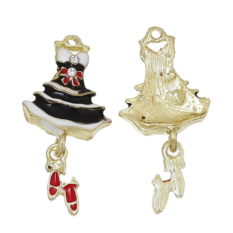 5 BALLET TUTU Dress Charm Pendants, movable charm, Gold Plated with enamel and rhinestone accents, black red white, chg0337