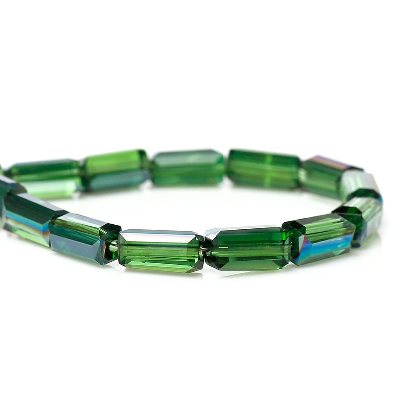 8x4mm EMERALD GREEN Half Plated Rectangle Column Crystal Glass Beads, transparent, faceted, double strand, bgl1290