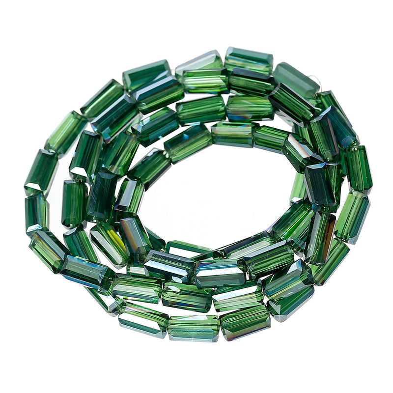8x4mm EMERALD GREEN Half Plated Rectangle Column Crystal Glass Beads, transparent, faceted, double strand, bgl1290