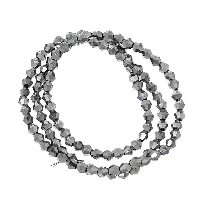 4mm BRIGHT SILVER METALLIC Bicone Crystal Glass Beads, opaque, faceted, full strand, bgl1299