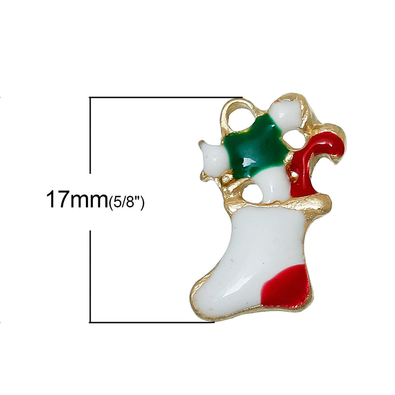 5 STOCKING Christmas Charms or Pendants . Gold Plated with enamel, 5/8" chg0302