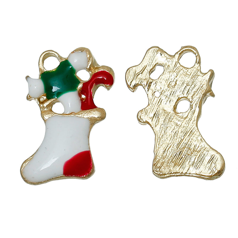 5 STOCKING Christmas Charms or Pendants . Gold Plated with enamel, 5/8" chg0302