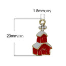 5 CHRISTMAS CHURCH Charms or Pendants . Gold Plated with enamel and rhinestone accents, 5/8" chg0307
