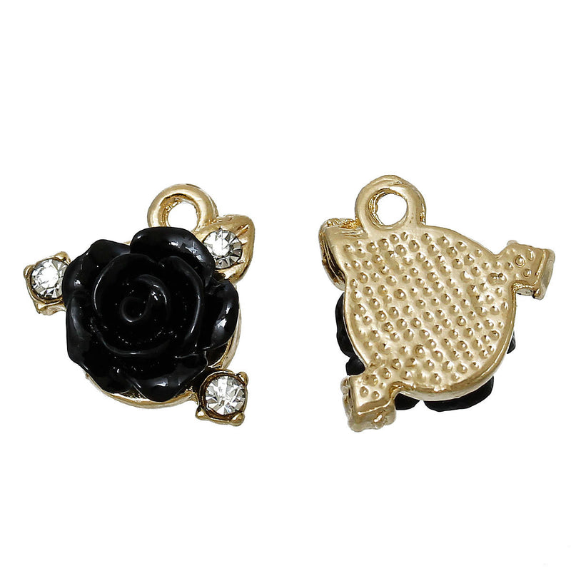 5 BLACK ROSE Charm Pendants, small gold plated, resin rose with rhinestones, 15x13mm, chg0320