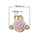 5 PINK ROSE Charm Pendants, small gold plated, resin rose with rhinestones, 15x13mm, chg0321