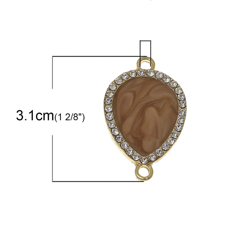 5 PEACH Teardrop Connector Links, Charm Pendants, gold plated, swirl enamel with rhinestones, 1.25" long chg0327
