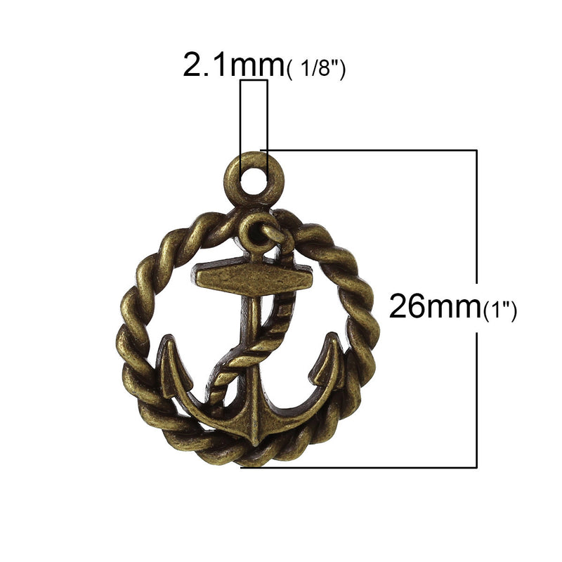 6 ROPE ANCHOR Pendant Charms, bronze tone metal, 1" chb0401a