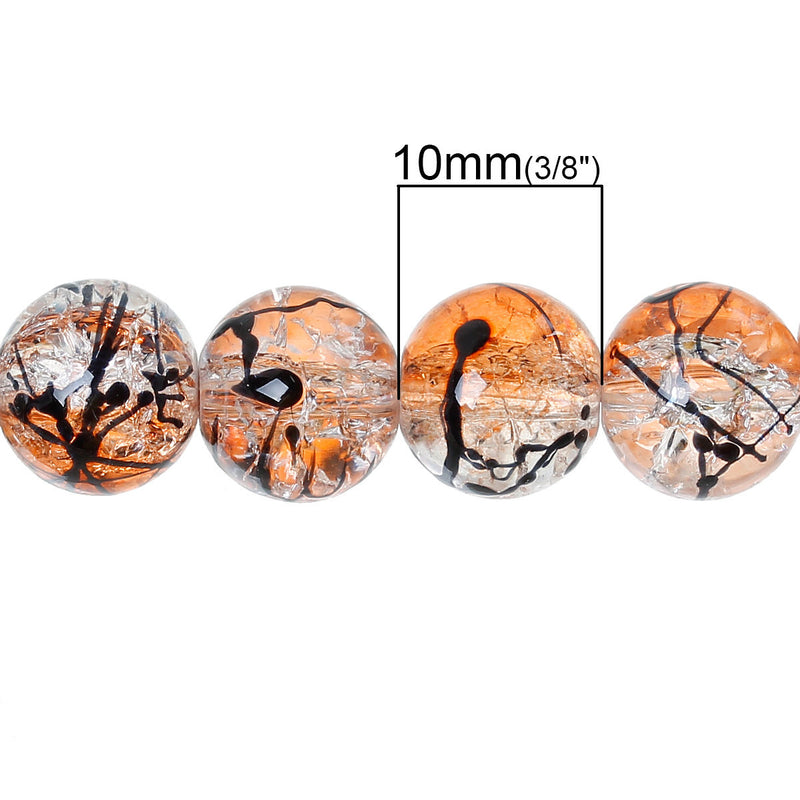 10mm ORANGE and BLACK Crackle Glass Beads, two-tone color, double strand, Halloween, about 83 beads  bgl1311