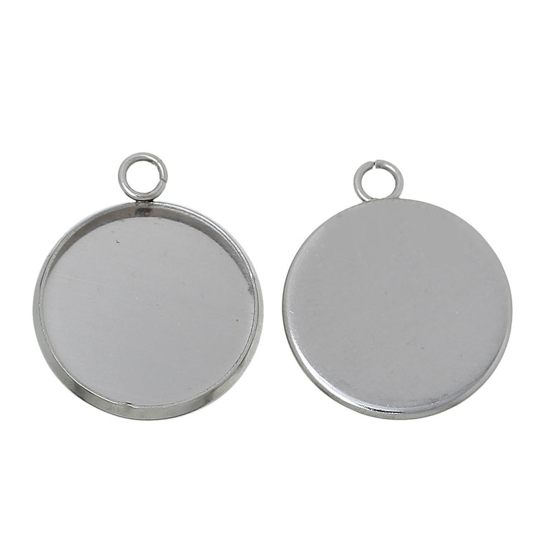 10 Stainless Steel Round Circle CABOCHON SETTING Bezel Frame Charm Pendants, Silver (fits 14mm cabs)  chs2057