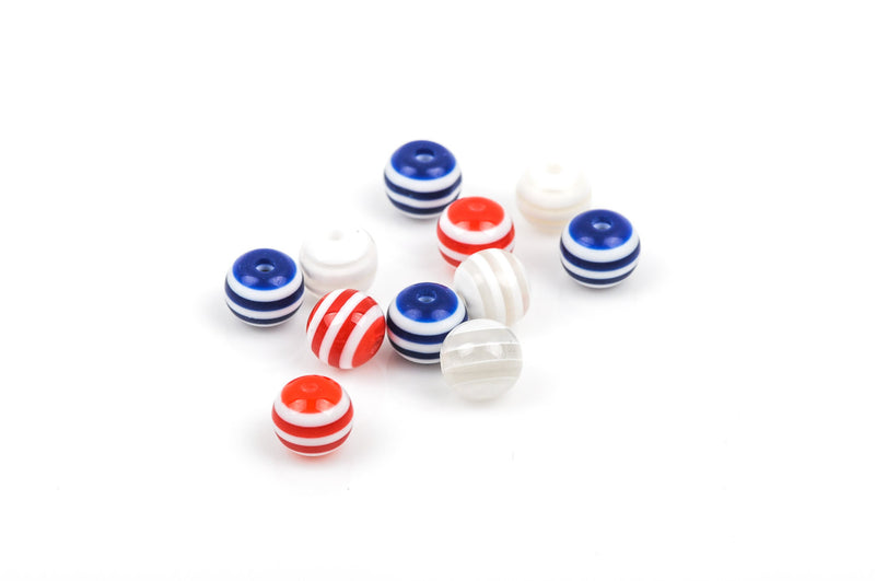 8mm Round RED WHITE BLUE Acrylic Striped Beads bulk package of 100 beads, bac0319