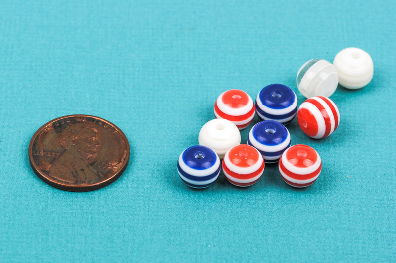 8mm Round RED WHITE BLUE Acrylic Striped Beads bulk package of 100 beads, bac0319