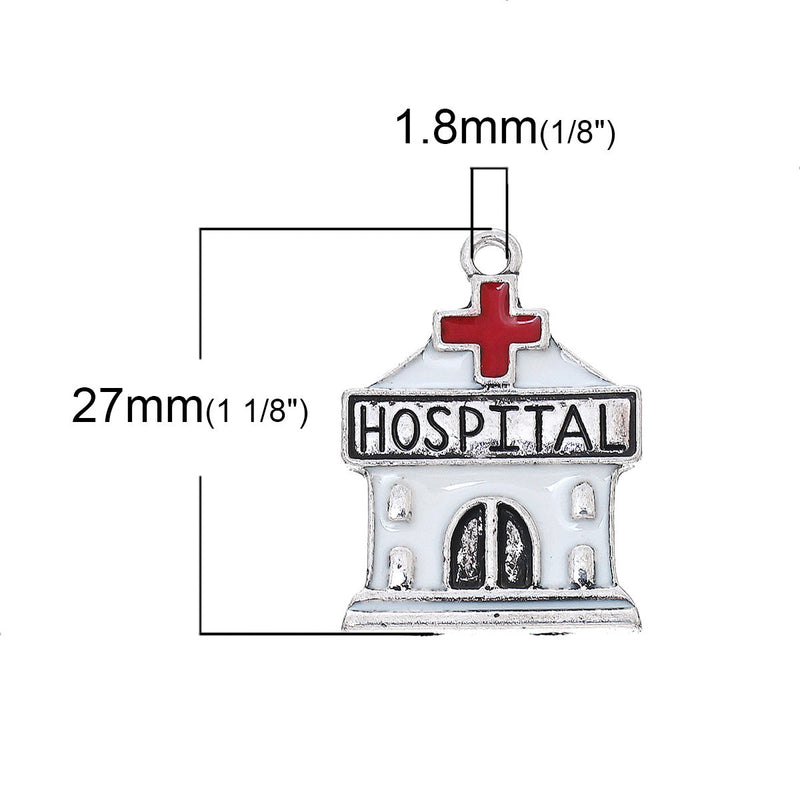 4 HOSPITAL Charms, silver with red and white enamel,  che0488