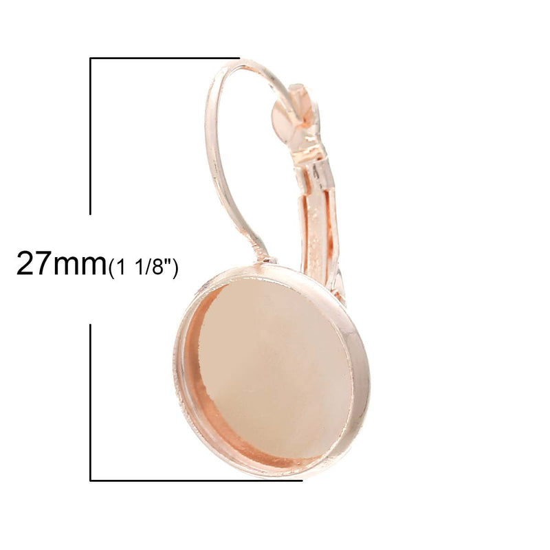 200 rose gold plated cabochon bezel setting lever back earring components, fits 12mm round inside tray, bulk package, fin0471b