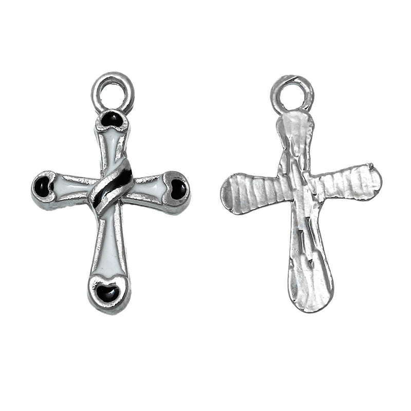 5 CROSS Charms, Black and White, Silver Tone Pewter with Enamel, Cross Pendants, che0489