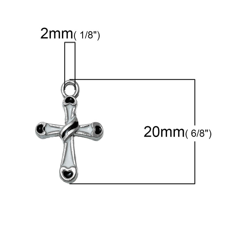 5 CROSS Charms, Black and White, Silver Tone Pewter with Enamel, Cross Pendants, che0489