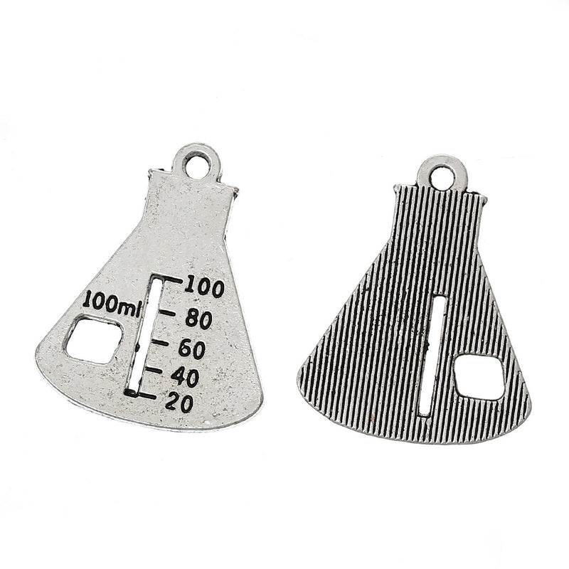 5 CHEMISTRY SCIENCE Beaker Charms, Flask Charms, Silver Tone Pewter Pendants, chs2068