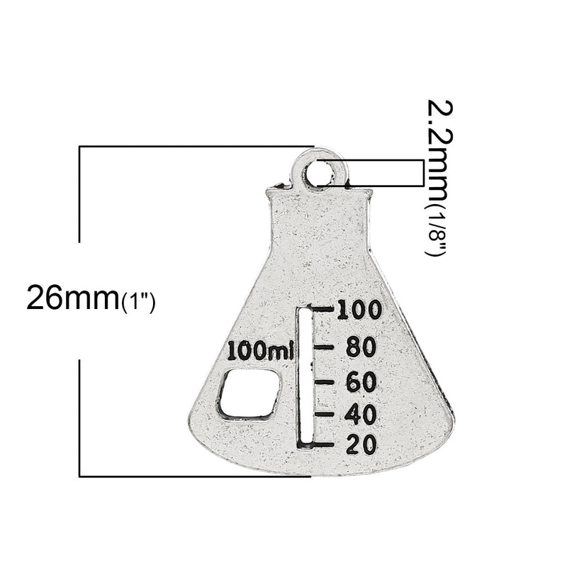 5 CHEMISTRY SCIENCE Beaker Charms, Flask Charms, Silver Tone Pewter Pendants, chs2068