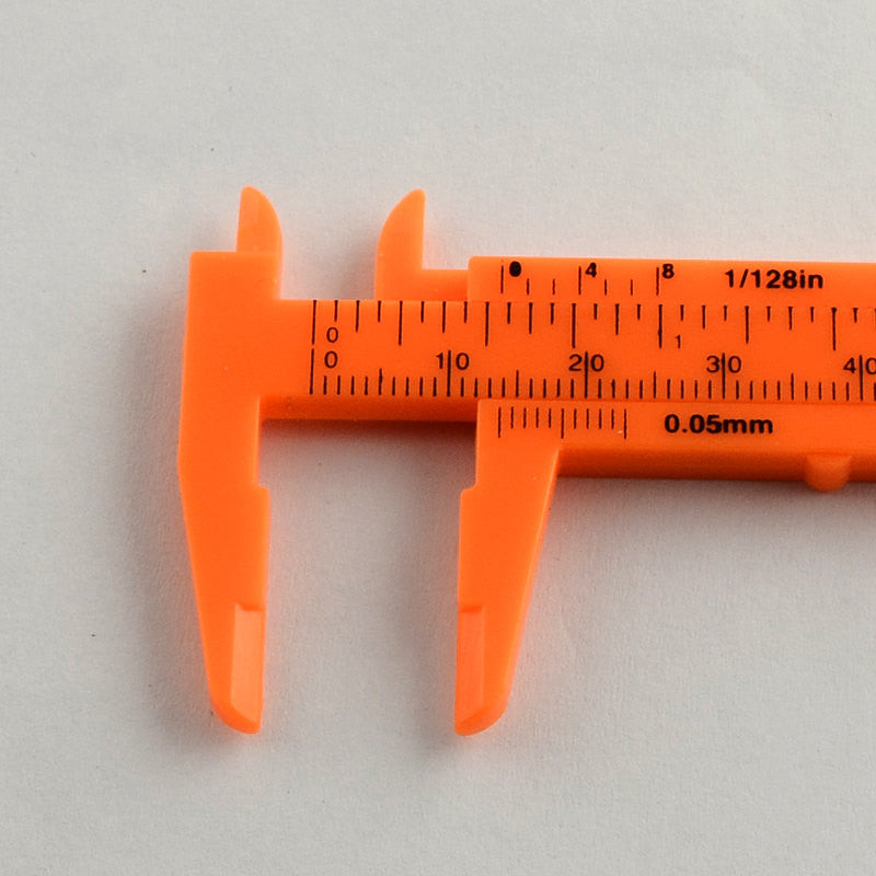 Bead measuring tool, VERNIER CALIPER, measures in millimeters mm and inches in.  range is 0-80mm, 0-3.25"  tol0424