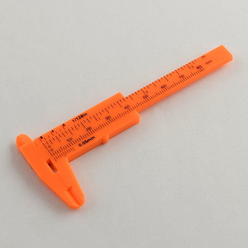 Bead measuring tool, VERNIER CALIPER, measures in millimeters mm and inches in.  range is 0-80mm, 0-3.25"  tol0424