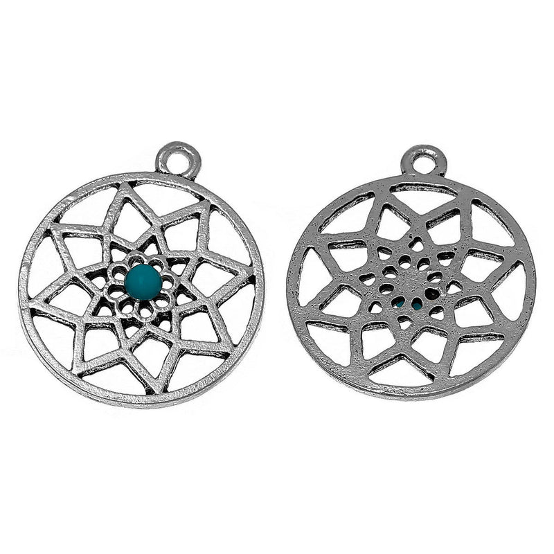 5 Silver DREAMCATCHER Dream Catcher Charms Pendants, turquoise colored bead in center, chs2087