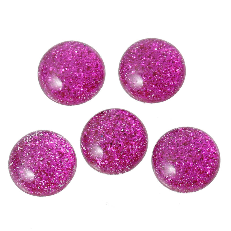 25 HOT PINK Glitter CABOCHONS, Resin Dome, Round cabochon, 10mm diameter, 00g, cab0379a