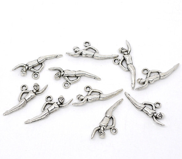 10 SWIMMING Swimmer Charm Pendants, Antique Silver Metal  chs2094