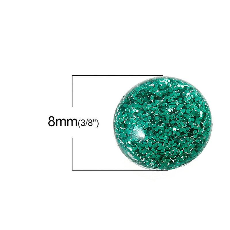 100 TEAL GREEN Glitter CABOCHONS, Resin Dome, Round cabochon, 8mm diameter, 3/8" cab0377b