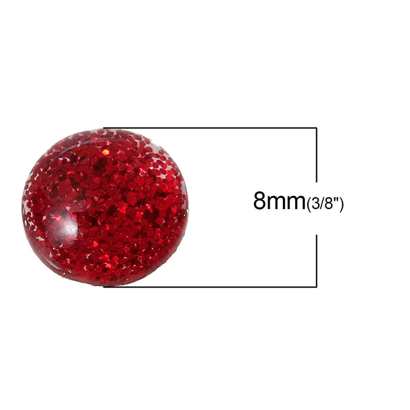 100 RED Glitter CABOCHONS, Resin Dome, Round cabochon, 8mm diameter, 3/8" cab0385b