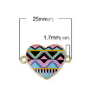 5 Geometric Pattern HEART Connector Links, Charm Pendants, gold plated, zig zag chevron, 1" long chg0340