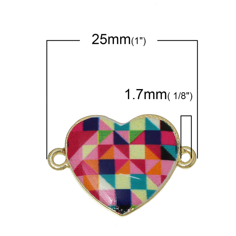 5 Geometric Pattern HEART Connector Links, Charm Pendants, gold plated, checkerboard, 1" long chg0341