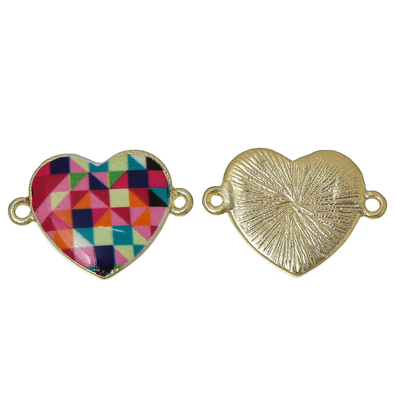 5 Geometric Pattern HEART Connector Links, Charm Pendants, gold plated, checkerboard, 1" long chg0341