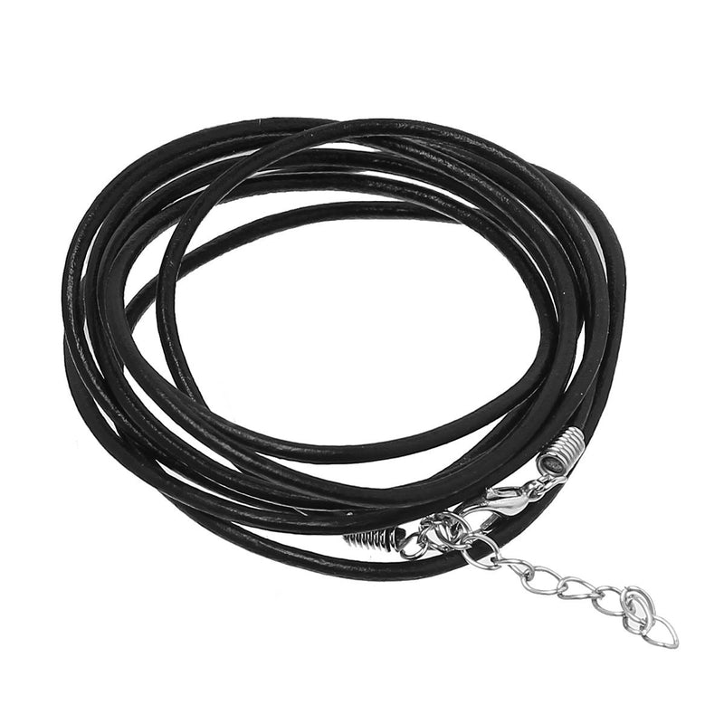 5 BLACK Cowhide Leather Cord Necklaces with Lobster Clasps, Wrap Bracelet, 48" with extender chain 2mm thick, cor0082