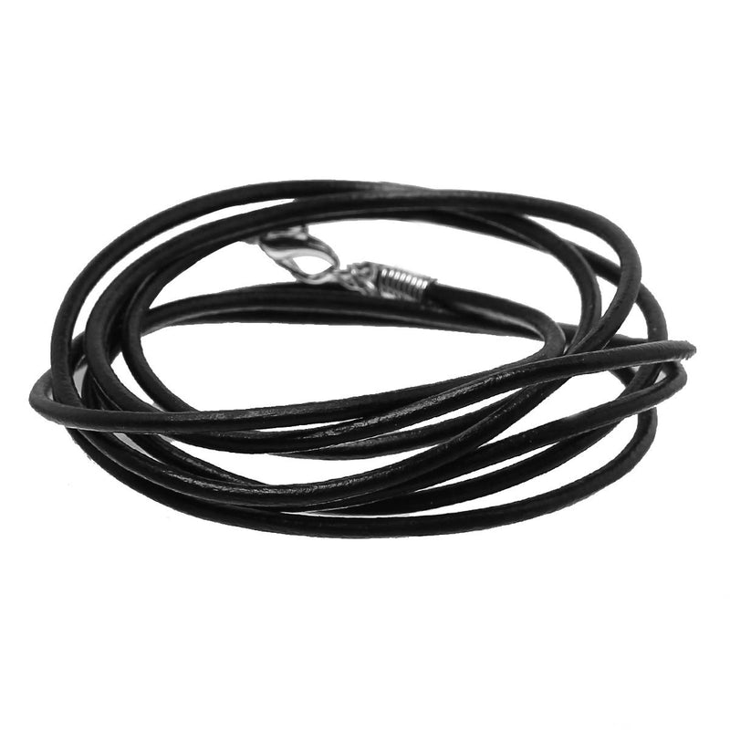 5 BLACK Cowhide Leather Cord Necklaces with Lobster Clasps, Wrap Bracelet, 48" with extender chain 2mm thick, cor0082