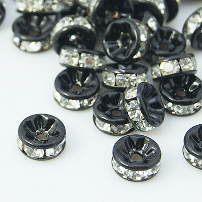 8mm BLACK Rondelle Beads with Clear Rhinestone Crystals, 10 pieces . Smooth Edge, black core  bme0372