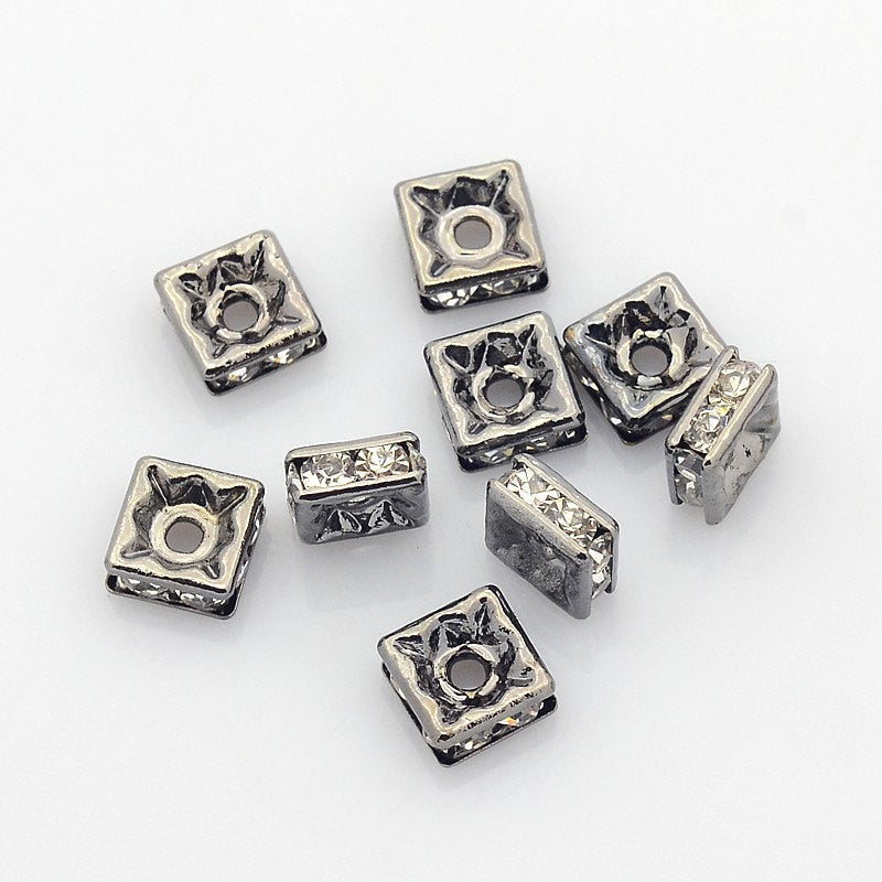 6mm Gunmetal Squaredelle Beads with Clear Rhinestone Crystals, 10 pieces . Square Beads, Smooth Edge, gunmetal black core  bme0374