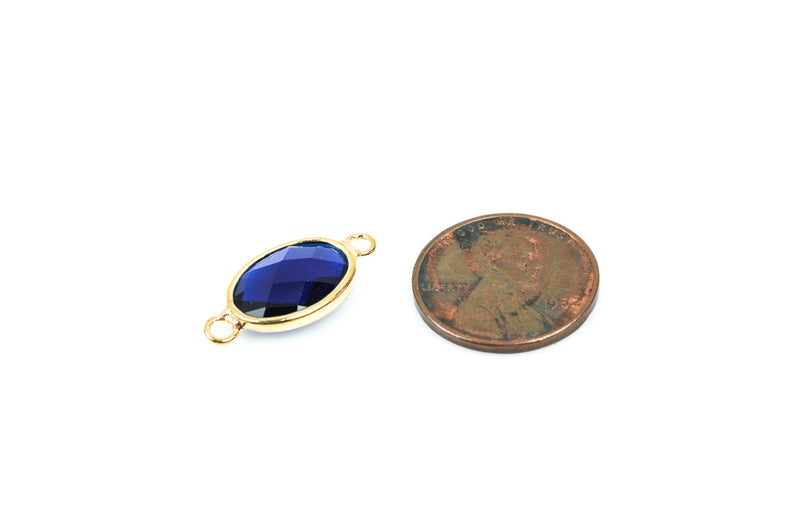 1 Oval Gold Brass Connector Link Charm, faceted COBALT BLUE Glass, 21x10mm, 7/8" long September Birthstone chg0237