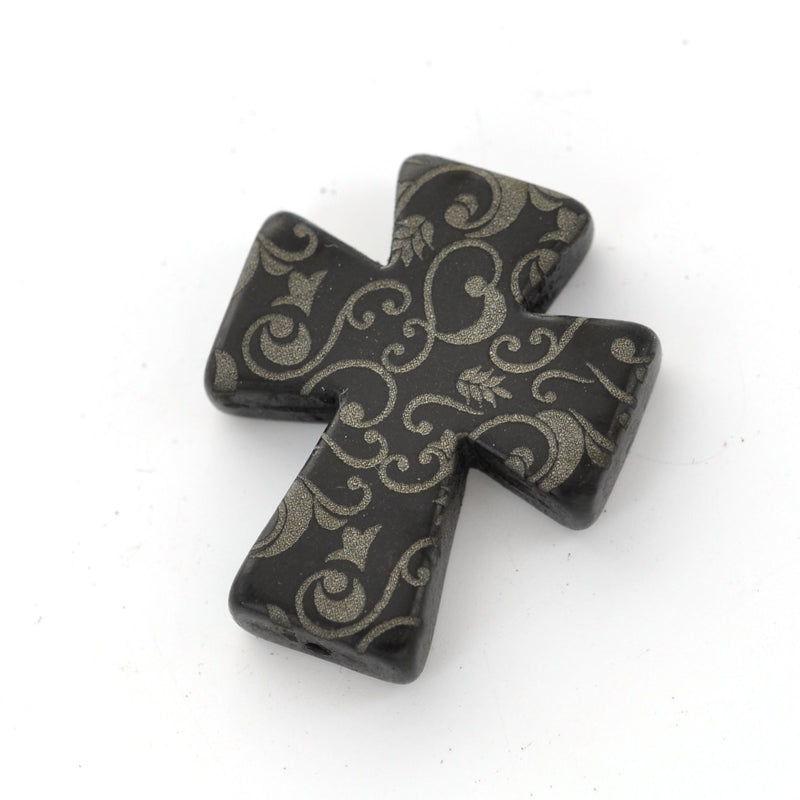 1 Laser Engraved BLACK Howlite Gothic Cross Pendant Beads, drilled top to bottom, 50mm x 40mm LAS0004