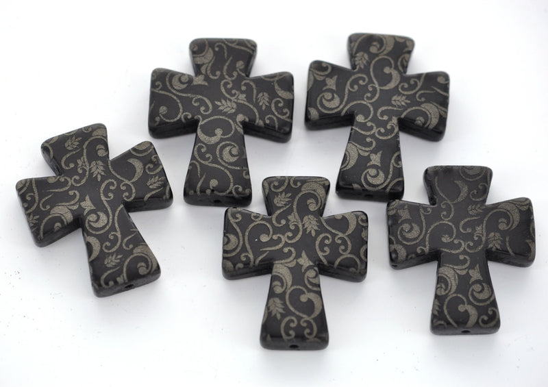 1 Laser Engraved BLACK Howlite Gothic Cross Pendant Beads, drilled top to bottom, 50mm x 40mm LAS0004