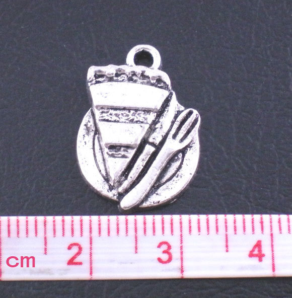 10 PIE Dessert Cake Charm Pendants, silver tone metal, plate and fork, foodie charms, chs1520