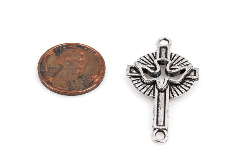 10 PEACE DOVE Cross Charm Pendants, Silver Metal Connector Links, 2 holes, Confirmation Cross,  chs2123