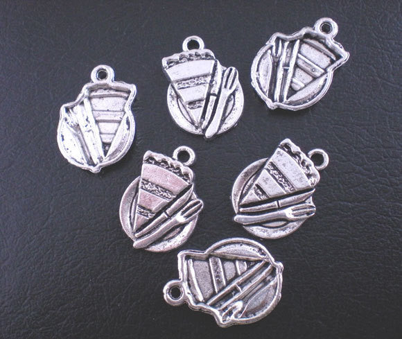 10 PIE Dessert Cake Charm Pendants, silver tone metal, plate and fork, foodie charms, chs1520