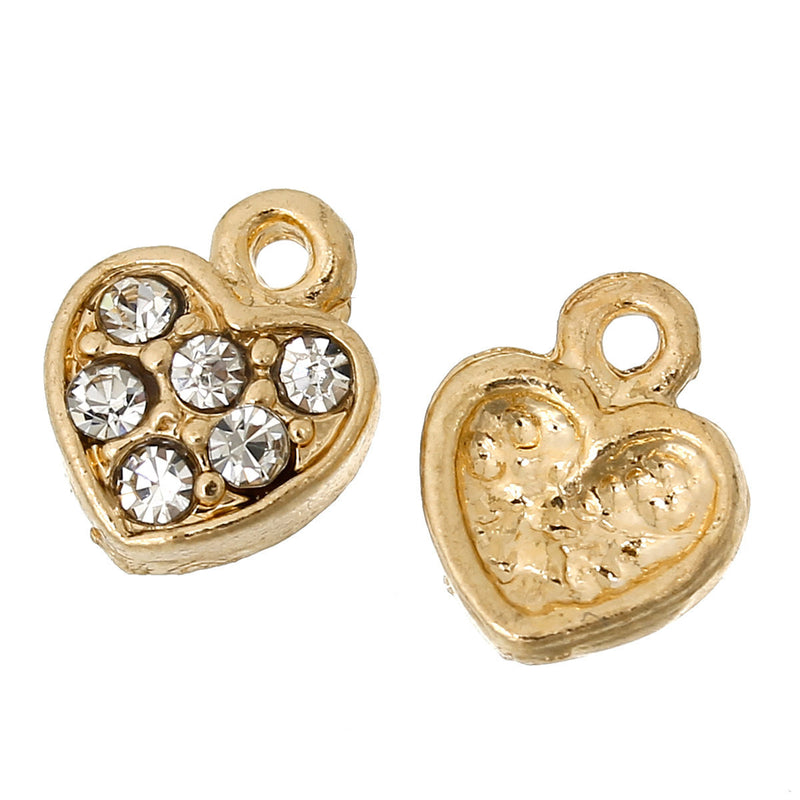 10 GOLD HEART Charms or Pendants . Small, Gold Plated with rhinestone accents, 8mm, 3/8" chg0347