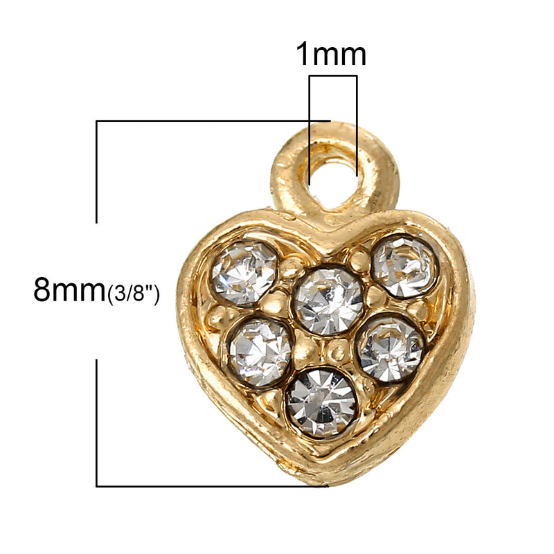 10 GOLD HEART Charms or Pendants . Small, Gold Plated with rhinestone accents, 8mm, 3/8" chg0347