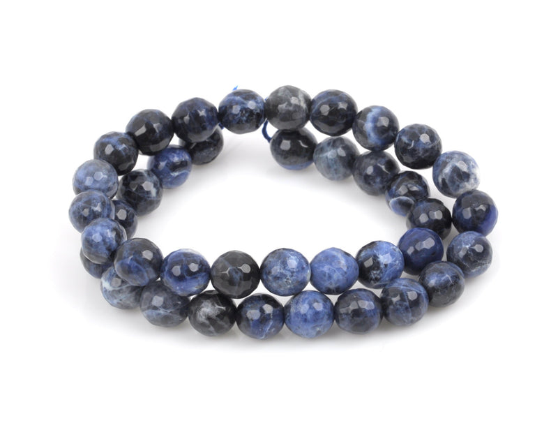10mm SODALITE Round Faceted Genuine Gemstone Beads, denim blue, white, grey, full strand, gsd0005