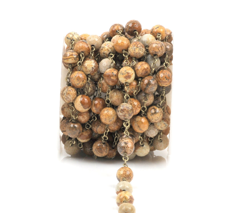 1 yard PICTURE JASPER GEMSTONE Rosary Chain, antique gold, 8mm round gemstone beads, fch0316a