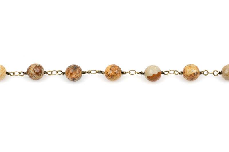 1 yard PICTURE JASPER GEMSTONE Rosary Chain, antique gold, 8mm round gemstone beads, fch0316a