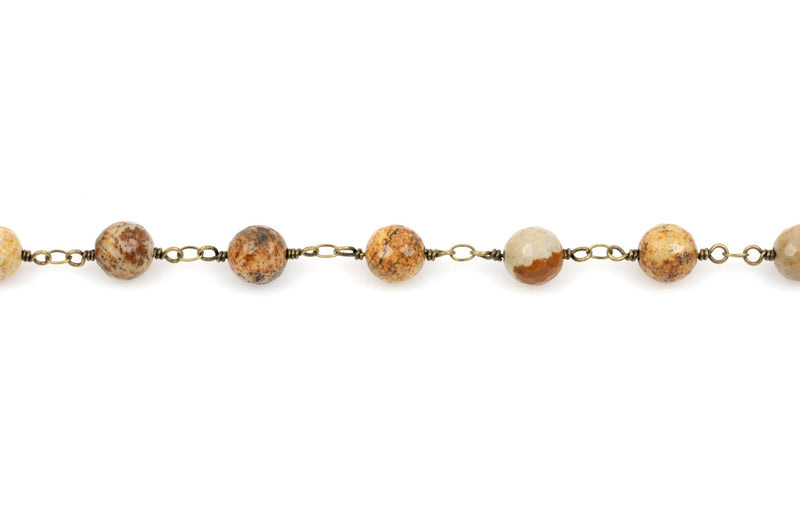 13 feet PICTURE JASPER GEMSTONE Rosary Chain, antique gold, 8mm round gemstone beads, fch0316b