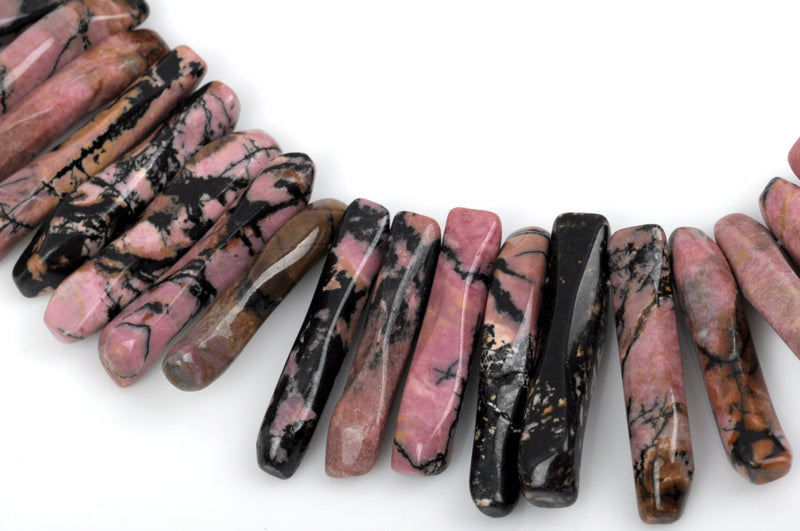 RHODONITE Gemstone Stick Beads, 1-3/8" to 1-1/2" pink and black, polished natural gemstone, full strand,  about 45 beads,  GRN0001