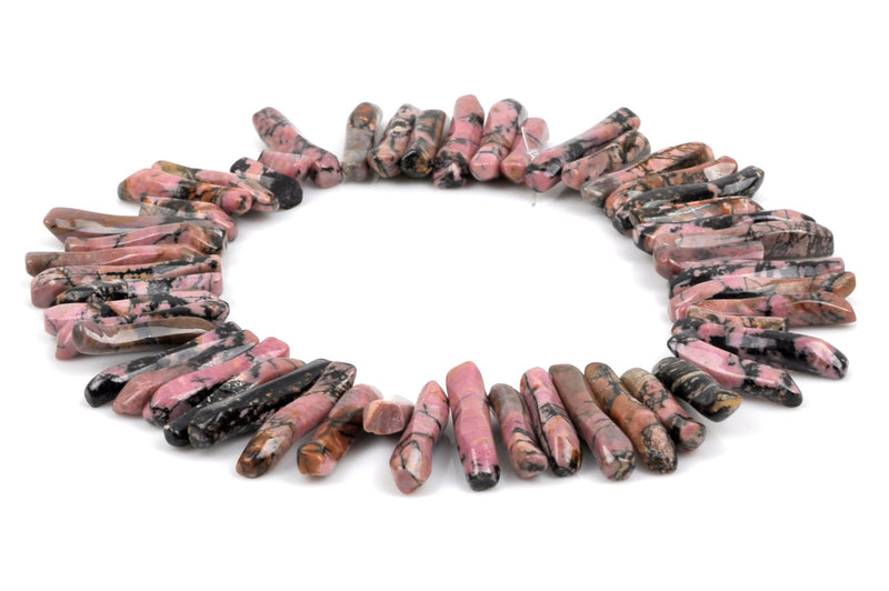 RHODONITE Gemstone Stick Beads, 1-3/8" to 1-1/2" pink and black, polished natural gemstone, full strand,  about 45 beads,  GRN0001