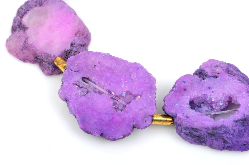 8 Large PURPLE DRUZY Natural GEMSTONE Quartz Geode Beads, Flat Round Slabs, beads are 1-3/4" - 2-1/8", Rainbow Plated Crystals, gdz0117